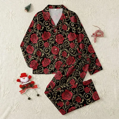 Women's Stylized Crimson Rose & Antique Gold Filigree Seamless Black Pattern Satin Pajamas Set