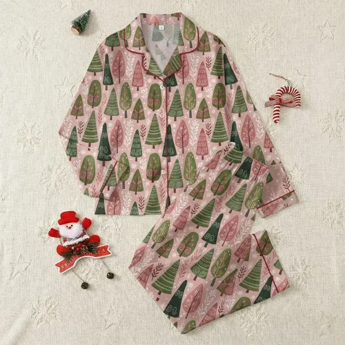 Women's Enchanted Winter Folk Art: Blush Pink Background, Painterly Sage Green & Olive Trees, Berry Accents Satin Pajamas Set