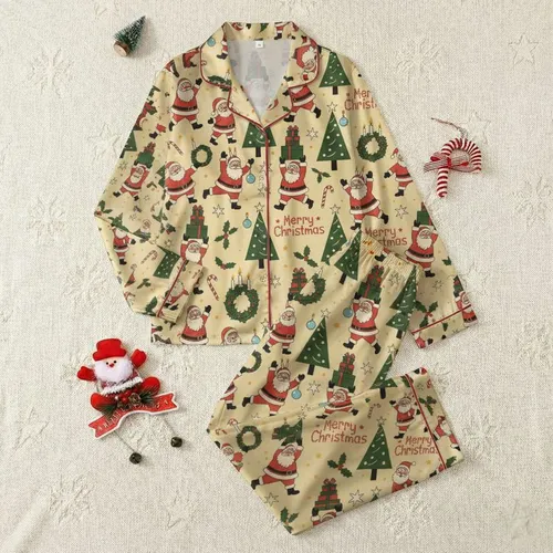 Women's Retro Hand-Drawn Cream-Yellow Vintage Santa, Tree, Presents & Holly Pattern Satin Pajamas Set