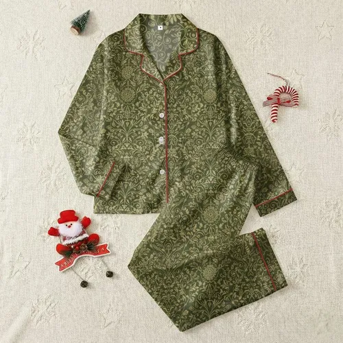 Women's Deep Olive Golden-Tan Intricate Scrolling Vine Leaf Floral Damask Pattern Satin Pajamas Set