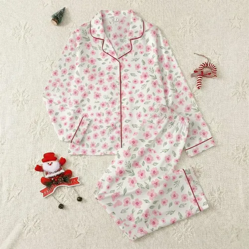 Women's Off-White Hand-Drawn Stylized Floral Pastel Pink Blooms Sage Green Pattern Satin Pajamas Set