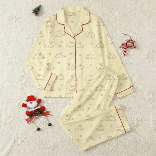 Women's Soft Creamy Yellow Whimsical Hand-Drawn Bunny & Clover Pattern Satin Pajamas Set