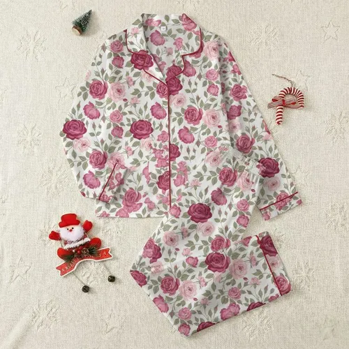 Women's Romantic Pink Rose & Fuchsia Floral Illustration with Sage Green Leaves Satin Pajamas Set