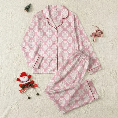 Women's Pure White Intricate Floral Lace Pattern with Silver-Gray on Pastel Pink Satin Pajamas Set