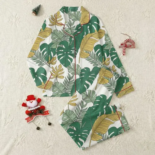 Nature Lovers' Hand-Drawn Tropical Botanical Emerald Sage Ochre Leaf Pattern Satin Pajamas Set