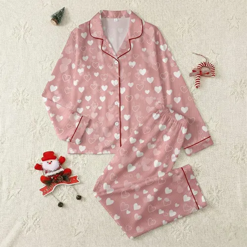 Women's Muted Pink Ribbed Background White Solid & Outline Whimsical Hearts Pattern Satin Pajamas Set
