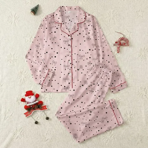 Women's Delicate Pastel Pink Black Polka Dot Bows Muted Floral Line Art Satin Pajamas Set