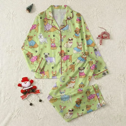 Dog Lovers' Playful Cartoon Dogs Pattern, Pastel Lime Green, Hot Pink, Sky Blue, Bows & Sunglasses Satin Pajamas Set