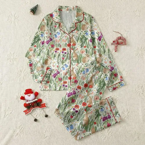 Women's Whimsical Brown Rabbits Multi-Color Wildflower Meadow Botanical Art Pattern Satin Pajamas Set