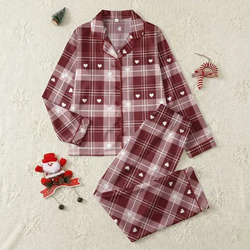 Women's Classic Wine Red Dusty Rose White Tartan Plaid With Graphic Heart Accents Satin Pajamas Set