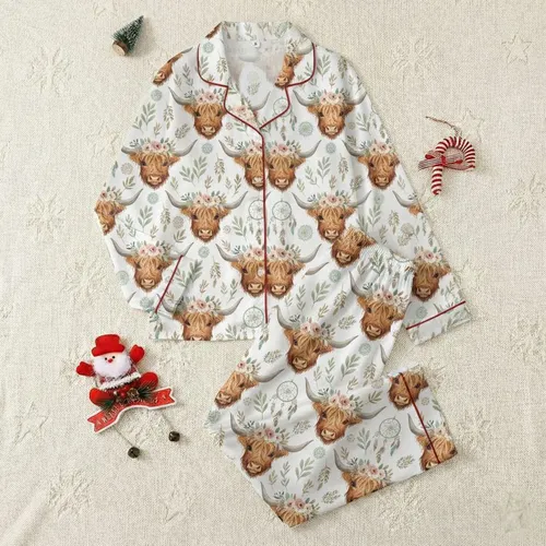 Women's Watercolor Boho Highland Cow Floral Crown Dreamcatcher Mandala Pattern Satin Pajamas Set