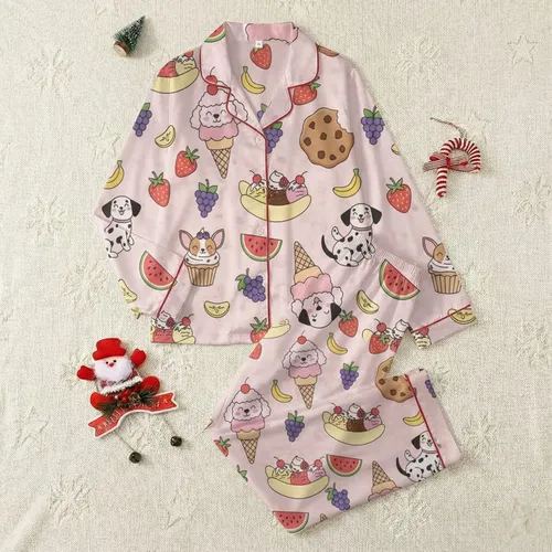 Women's Sweet Pastel Pink Dog Dessert Fruit Pattern: Poodle Ice Cream, Dalmatian Cookie, Chihuahua Cupcake Satin Pajamas Set
