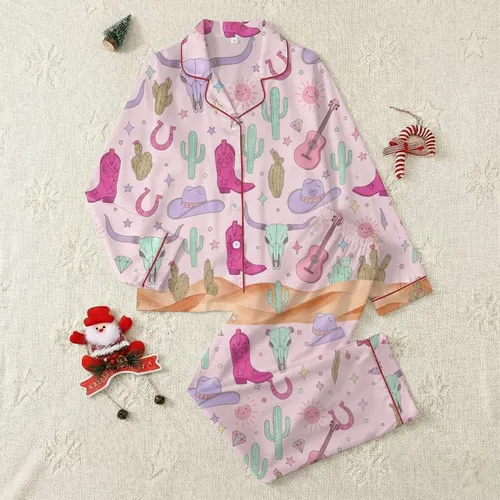 Women's Hand-Drawn Whimsical Desert Pastel Pink Steer Skull Cactus Boot Star Pattern Satin Pajamas Set