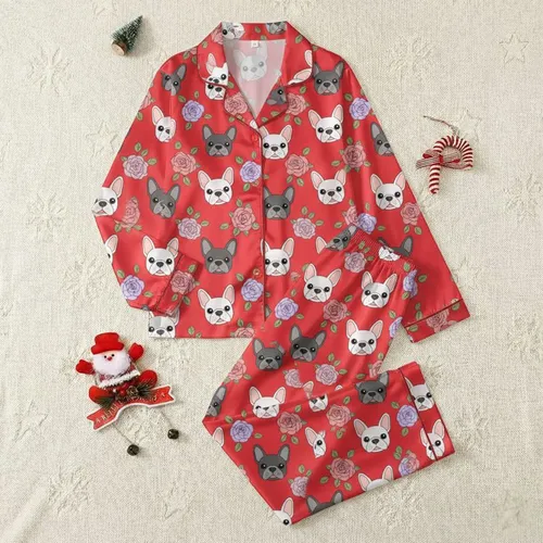 Women's Illustrative French Bulldog & Rose Floral Pattern with Grey, Pink, Lavender on Bright Red Satin Pajamas Set