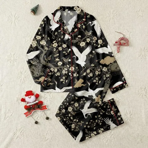 Women's Graceful East Asian White Crane Golden Blossom Black Illustrative Art Satin Pajamas Set