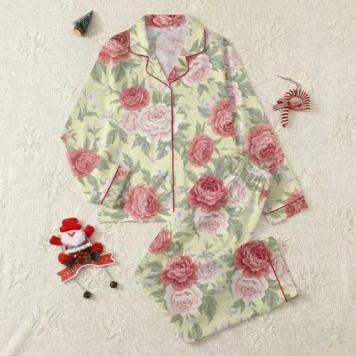 Women's Lush Lemon Yellow Painterly Peony Rose Jasmine Floral Bloom Pattern Satin Pajamas Set