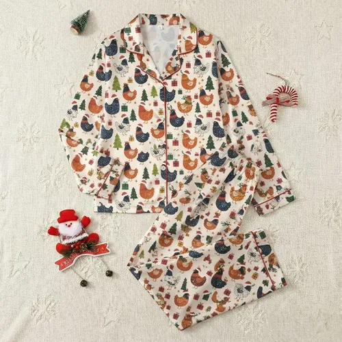 Women's Whimsical Christmas Chicken Hand-Drawn Festive Pattern with Santa Hats, Antlers, Lights in Creamy Beige, Red, Green Satin Pajamas Set