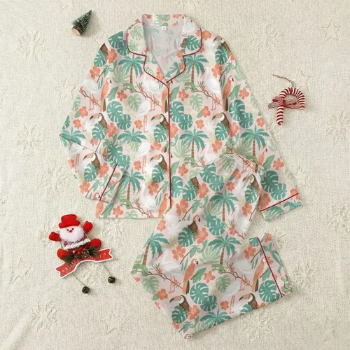 Women's Blush Pink Tropical Jungle Folk Art Pattern: Storks, Toucans, Palms & Monstera Satin Pajamas Set