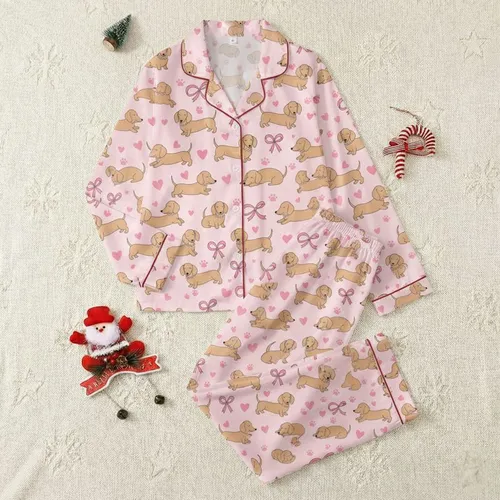 Dachshund Lovers' Pastel Pink Whimsical Dog & Pearl Necklace Pattern with Ribbons & Hearts Satin Pajamas Set