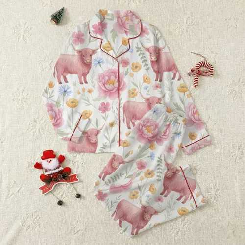 Kids' Whimsical Highland Cow Calf Dusty Rose Watercolor Peonies Buttercups Pattern Satin Pajamas Set