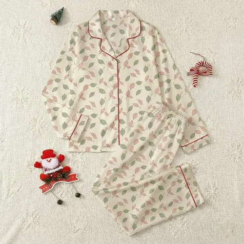 Women's Elegant Airy Botanical: Muted Sage Green Dusty Rose Leaves & Branches on Ivory Satin Pajamas Set