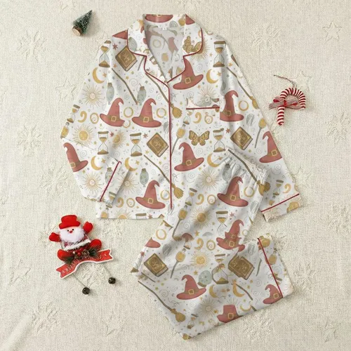 Enchanting Aesthetic Fans' Whimsical Dusty Red, Golden Yellow, Muted Green Sun, Moon, Skull, Witch Hat & Tarot Pattern Satin Pajamas Set