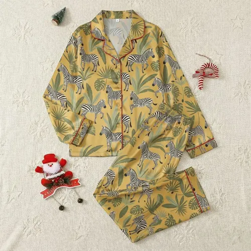 Women's Marigold Tropical Savanna Zebras Black & White Stripe Green Leaf Illustrative Pattern Satin Pajamas Set