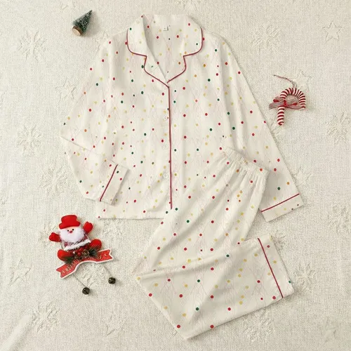 Women's Gentle Cozy Creamy Off-White Quilted Cable Knit Pattern, Red Green Yellow Polka Dots, Pink Accent Lines Satin Pajamas Set