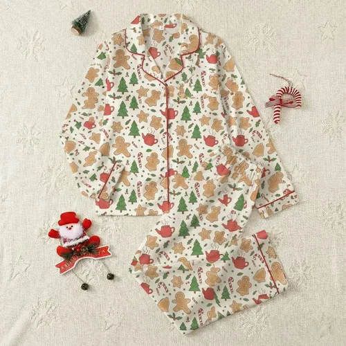 Women's Whimsical Gingerbread Hot Cocoa Candy Cane Holly Pattern on Creamy Off-White Satin Pajamas Set