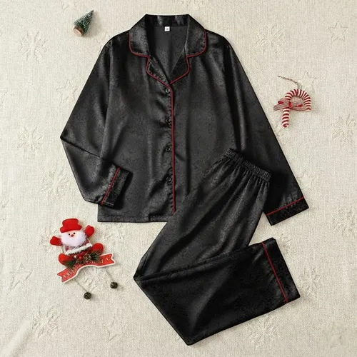 Women's Elegant Deep Black Floral Lace Monochromatic Design with Subtle Satin Bow Motifs Satin Pajamas Set