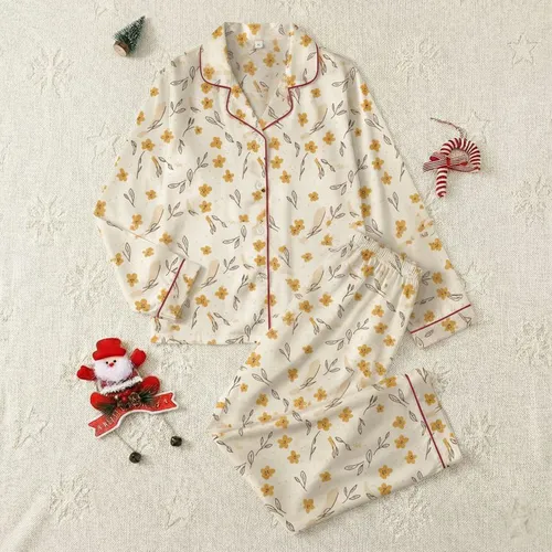 Women's Muted Mustard Yellow Wildflower & Dark Brown Stem Botanical Pattern on Cream Off-White Satin Pajamas Set
