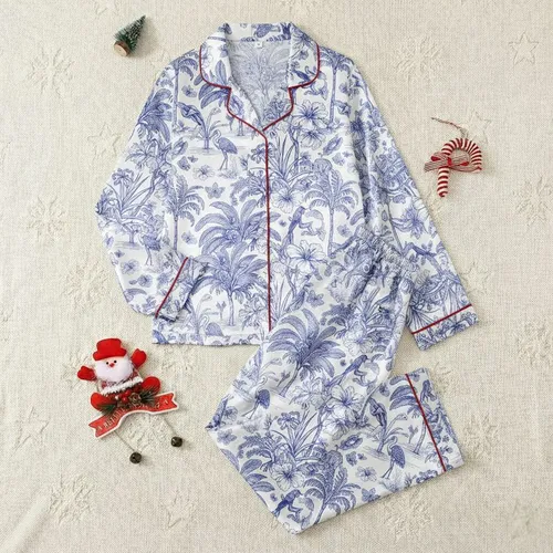 Women's Intricate Blue White Tropical Toile Heron Palm Pagoda Art Satin Pajamas Set