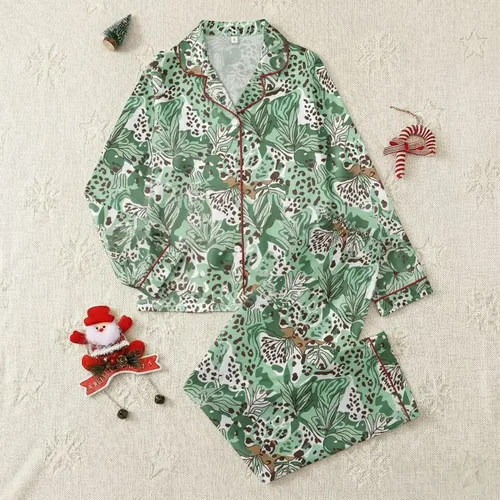 Women's Mint Green Olive Earthy Brown Hand-Drawn Abstract Leopard Tropical Leaf Pattern Satin Pajamas Set