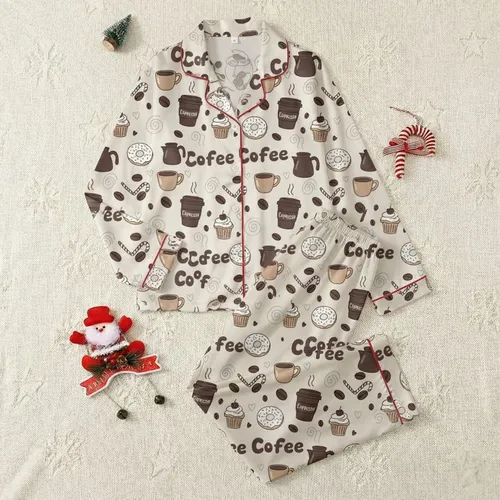 Women's Muted Beige All-Over Coffee & Dessert Pattern with Dark Chocolate Mugs, White Frosted Donuts Satin Pajamas Set