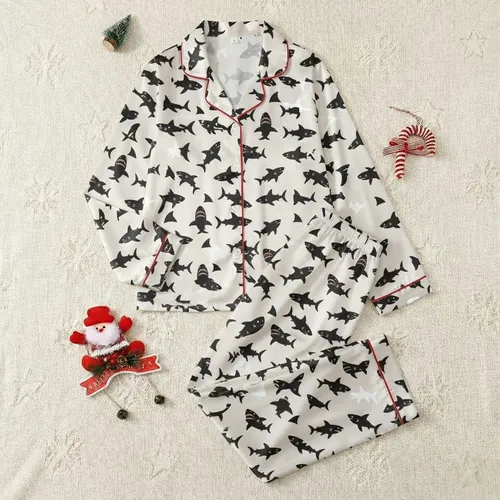Ocean Enthusiasts' Playful Black Cartoon Shark Cream All-Over Print Red Gums Green Eyes Satin Pajamas Set