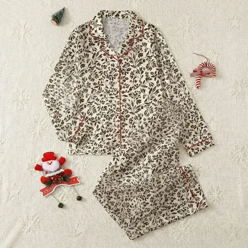 Women's Stylized Deep Dark Brown & Black Botanical Floral Foliage on Soft Warm Cream Satin Pajamas Set