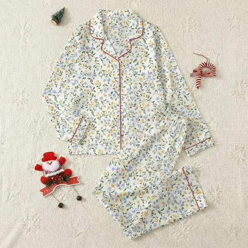 Teenager's Delicate Hand-Drawn Wild Floral Clusters in Periwinkle Blue, Pale Yellow & Forest Green on Cream Satin Pajamas Set