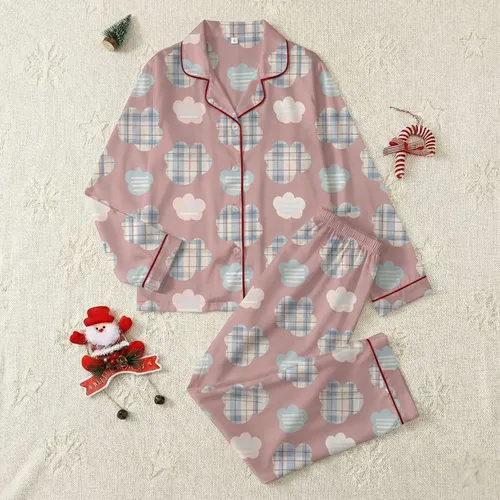Homebodies' Dusty Rose Muted Blue-Grey Plaid Organic Cloud Shapes Pale Pink Blue Stripes Satin Pajamas Set