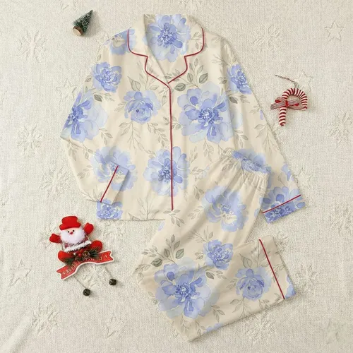 Women's Muted Periwinkle Sky Blue Watercolor Rose Peony Floral Pattern on Champagne Satin Pajamas Set