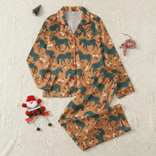 Women's Stylized Burnt Orange Teal Zebra Cream Blossom Hand-Drawn Illustrative Pattern Satin Pajamas Set