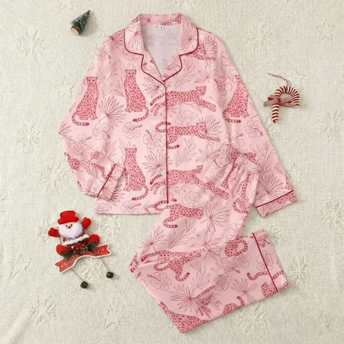 Women's Light Pastel Pink Whimsical Cheetah All-Over Print with Rosy Tropical Palm Leaves & Hibiscus Graphics Satin Pajamas Set