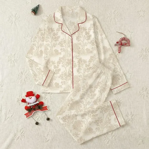 Women's Muted Cream Beige Toile de Jouy Enchanted Forest Deer Owl Rabbit Pattern Satin Pajamas Set