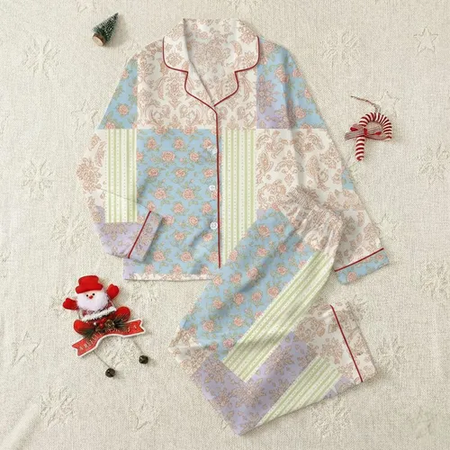Women's Vintage Folk Art Patchwork Collage with Rosebuds, Botanical Motifs, & Stripes in Sky Blue, Blush Pink, Sage, Terracotta Satin Pajamas Set