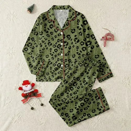 Women's Artistic Muted Olive Green Black Leopard Spot Jungle Leaf Vine Pattern Satin Pajamas Set