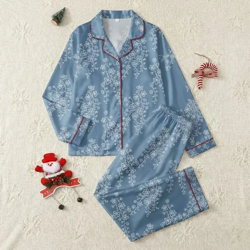 Women's Delicate White Five-Petal Floral Organic Cascade on Muted Steel Blue Satin Pajamas Set
