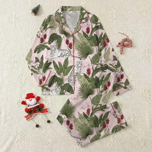 Girls' Pastel Pink White Tiger Tropical Illustrative Palm Orchid Pattern Satin Pajamas Set
