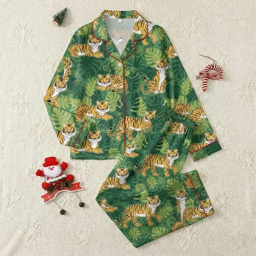 Women's Whimsical Golden Tiger & Emerald Green Tropical Jungle Leaf Polka Dot Pattern Satin Pajamas Set