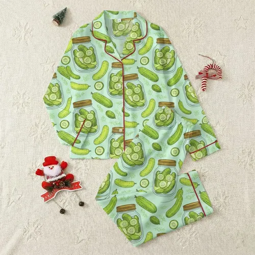 Pickle Lovers' Whimsical Watercolor Pickles, Jars & Dill Seamless Pattern Pale Mint Green Satin Pajamas Set
