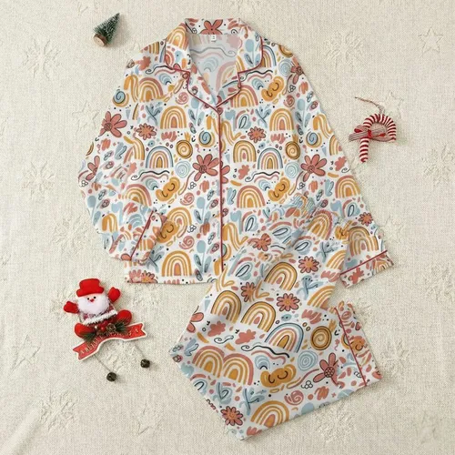 Women's Whimsical Hand-Drawn Abstract Rainbow Botanical Dusty Rose Pink Baby Blue Mustard Pattern Satin Pajamas Set