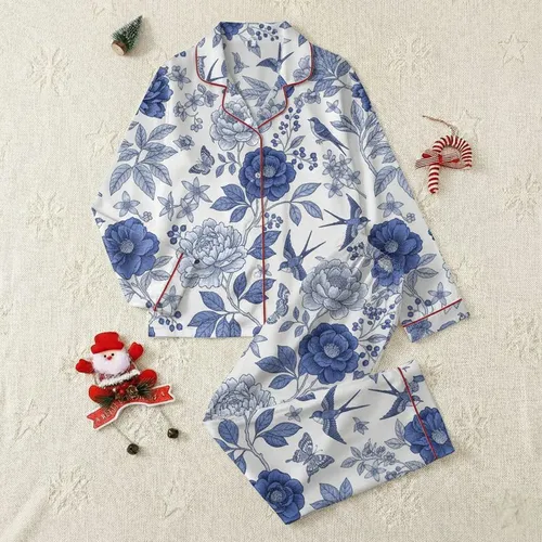 Women's Vintage Etching Cobalt Blue Toile Peony Camellia Swallow Pattern Satin Pajamas Set